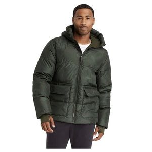 Men’s Olive Green Short Puffer Hoodie Jacket XL - All in Motion NWT